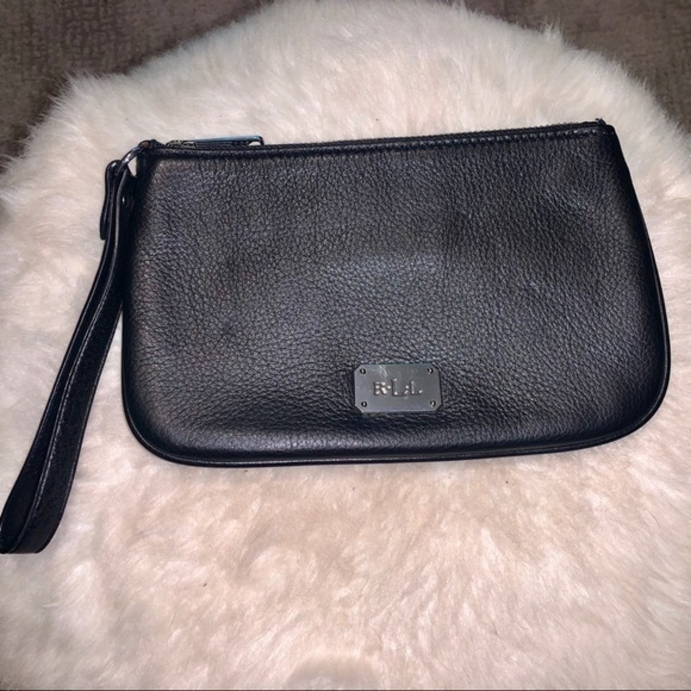 LAUREN RALPH LAUREN Black Pebbled Leather Wristlet
